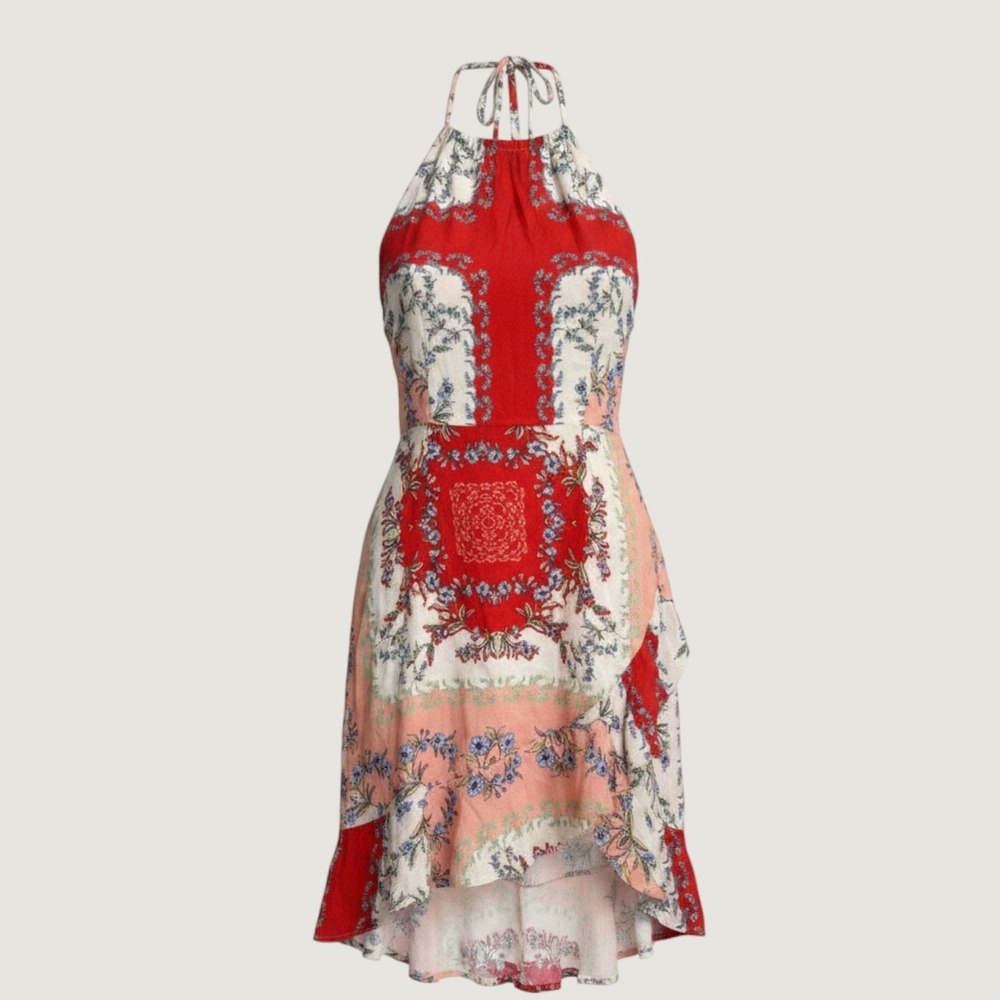 Flynn Skye Floral Halter Dress Women Small Red Ruffle Mini NWT Boho L.A. Made